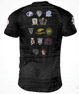 Back view of the Alabama Rugby Alliance Gilbert Training Tee by Custom GIL AXI in black, showcasing vibrant team logos, available for pre-order until 1/24.