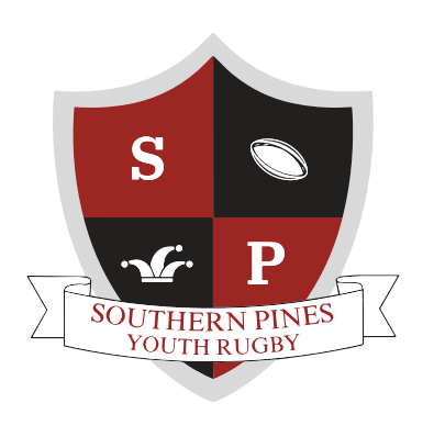 The Stahl's Southern Pines Youth 3" HP logo features a shield split in four, displaying "S," "P," a rugby ball, a jester hat, and a banner with "Southern Pines Youth Rugby.