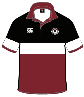 The Harvard Business Alumni Canterbury Traditional Ahunga Jersey by Custom CCC MUD features black, white, and maroon horizontal stripes, a maroon collar, the Canterbury logo, and a chest crest. (Order by 7/16; delivery in 8-10 weeks.).