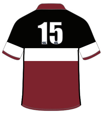 The Custom CCC MUD Harvard Business Alumni Canterbury Traditional Ahunga Jersey features a black upper, white midstripe, maroon lower section and sleeves, and a white number 15 on the back. (Order by 7/16; delivery in 8-10 weeks.).