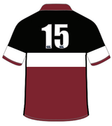 The Custom CCC MUD Harvard Business Alumni Canterbury Traditional Ahunga Jersey features a black upper, white midstripe, maroon lower section and sleeves, and a white number 15 on the back. (Order by 7/16; delivery in 8-10 weeks.).