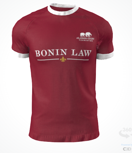 The Alabama Rugby Foundation Red Match Jersey by Custom GIL AXI is a red rugby shirt with white collar and cuffs, "Alabama Rugby Foundation" and an elephant logo on the left chest, and "BONIN LAW" across the front.