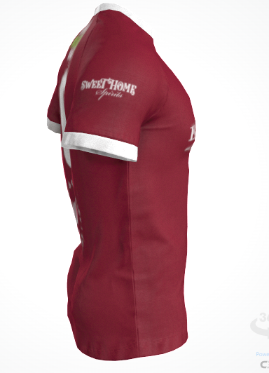 Side view of the Custom GIL AXI Alabama Rugby Foundation Red Match Jersey, a maroon short-sleeve shirt with white trim and "SWEET HOME Spirits" printed on the sleeve.