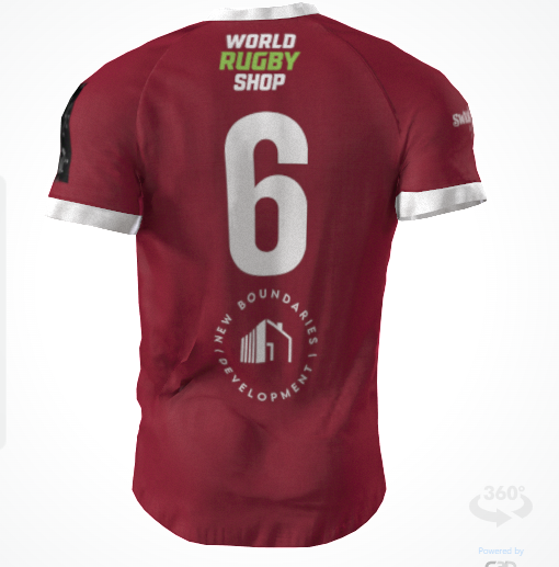 Custom GIL AXI Alabama Rugby Foundation Red Match Jersey featuring a white number 6 on the back, "World Rugby Shop" at the top, and a circular "New Boundaries Development" logo below the number.