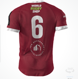 Custom GIL AXI Alabama Rugby Foundation Red Match Jersey featuring a white number 6 on the back, "World Rugby Shop" at the top, and a circular "New Boundaries Development" logo below the number.