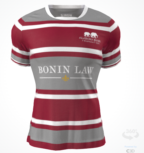 The Custom GIL AXI Alabama Rugby Foundation Red/grey hooped Match Jersey features maroon, gray, and white stripes with "ALABAMA RUGBY FOUNDATION" and "BONIN LAW" logos on the chest.