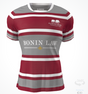 The Custom GIL AXI Alabama Rugby Foundation Red/grey hooped Match Jersey features maroon, gray, and white stripes with "ALABAMA RUGBY FOUNDATION" and "BONIN LAW" logos on the chest.