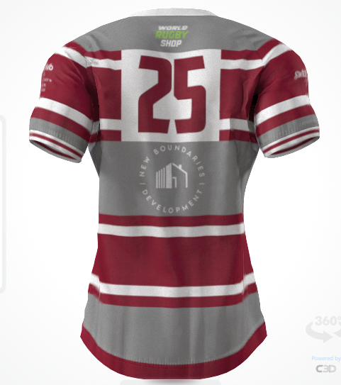 Back view of the Alabama Rugby Foundation Red/grey hooped Match Jersey by Custom GIL AXI, featuring white stripes, number 25, and sponsor logos including World Rugby Shop and New Boundaries Development.