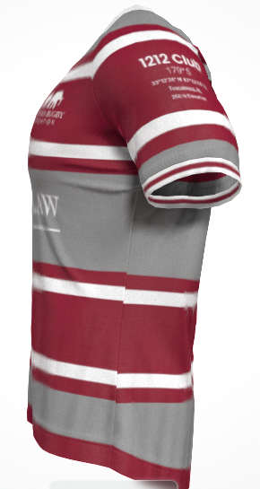 Side view of the Alabama Rugby Foundation Red/Grey Hooped Match Jersey by Custom GIL AXI, a short-sleeve shirt with horizontal maroon, white, and gray stripes and white text and logos on the chest and sleeve.