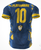 Custom GIL AXI Gulf Coast Fat Alberts Gilbert Jersey—blue and yellow sports jersey; order by March 1 for April delivery.