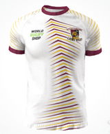 Custom GIL AXI Westshore Lions Jersey featuring a white base with maroon and gold stripes, maroon collar and cuffs, “World Rugby Shop” text, and the Westshore Lions Rugby crest on the left chest (3-4 week lead time; ordering closes 9/14).