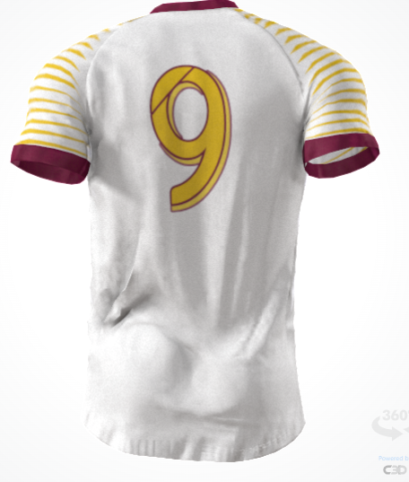 The Westshore Lions Jersey by Custom GIL AXI features a white design with maroon collar and sleeve cuffs, yellow-striped sleeves, and a prominent yellow number 9 on the back.