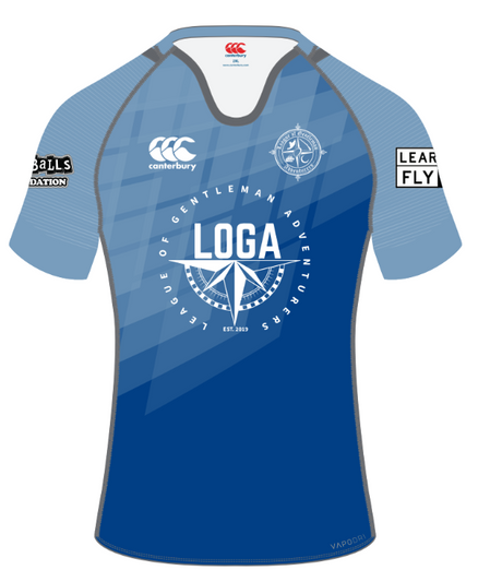 The LOGA Canterbury Ihi Regular Fit Jersey by Custom CCC MUD is a blue sports jersey with grey accents, featuring the "LOGA" logo, compass graphic, and "LEAR NTO FLY" sponsor on the sleeve.