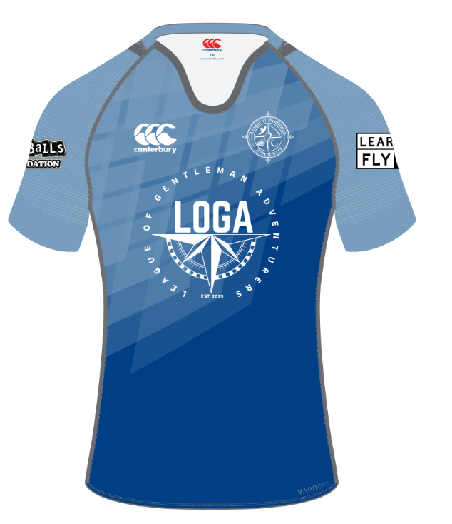 The LOGA Canterbury Ihi Regular Fit Jersey by Custom CCC MUD is a blue sports jersey with grey accents, featuring the "LOGA" logo, compass graphic, and "LEAR NTO FLY" sponsor on the sleeve.