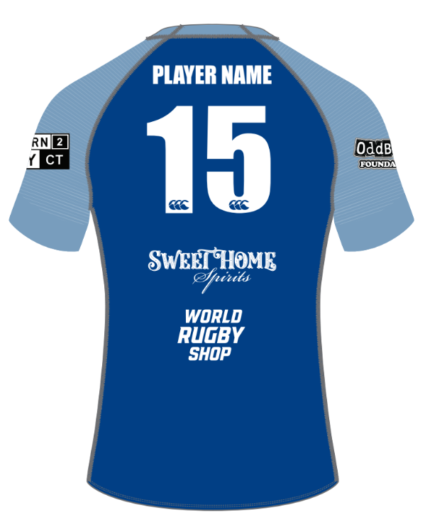 LOGA Canterbury Ihi Regular Fit Jersey by Custom CCC MUD—blue body with light blue sleeves, number 15 and "PLAYER NAME" on the back, plus multiple sponsor logos.