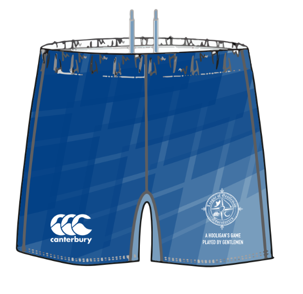LOGA Canterbury Yokohama Match Shorts by Custom CCC MUD: blue rugby shorts featuring "canterbury" and logo on the left leg, plus a circular emblem with "A hooligan's game played by gentlemen" on the right leg.