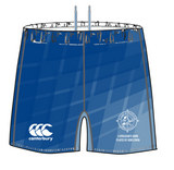 LOGA Canterbury Yokohama Match Shorts by Custom CCC MUD: blue rugby shorts featuring "canterbury" and logo on the left leg, plus a circular emblem with "A hooligan's game played by gentlemen" on the right leg.