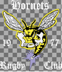 Hornets Rugby Club EMB Logo by EMB World Rugby Shop featuring a hornet holding a rugby ball, the numbers "19" and "77," and stylized white text on a transparent background.