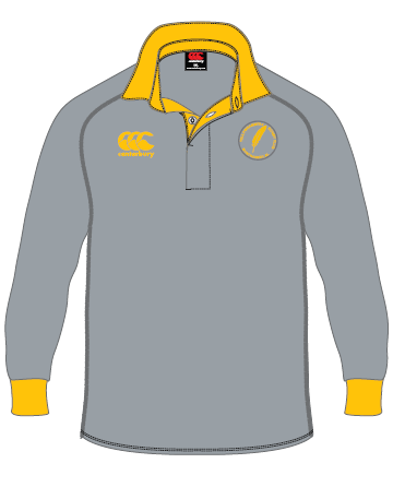 The Montgomery Yellowhammers Classic Canterbury Jersey by Custom CCC MUD features long grey sleeves, yellow collar and cuffs, plus chest logos. Order by 5/31.