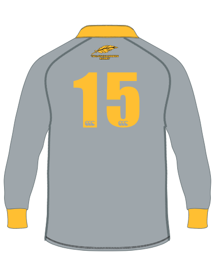 The Montgomery Yellowhammers Classic Canterbury Jersey by Custom CCC MUD is a grey long-sleeve sports jersey with yellow trim, number 15, and a feather logo with text on the upper back. Order by 5/31.