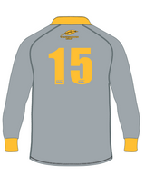 The Montgomery Yellowhammers Classic Canterbury Jersey by Custom CCC MUD is a grey long-sleeve sports jersey with yellow trim, number 15, and a feather logo with text on the upper back. Order by 5/31.