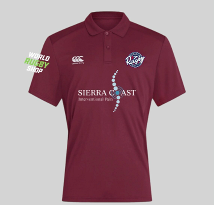 The Sacramento RFC 7s Polo by Canterbury features the Sierra Coast Interventional Pain logo and rugby-themed chest logos, made with Vapodri Technology. Shown on a plain grey background.