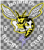 A cartoon hornet with a rugby ball in its mouth is featured at the center of the Hornets Rugby Club 1977 3in EMB Logo by EMB World Rugby Shop, surrounded by "hornets RUGBY CLUB 1977" in white text.