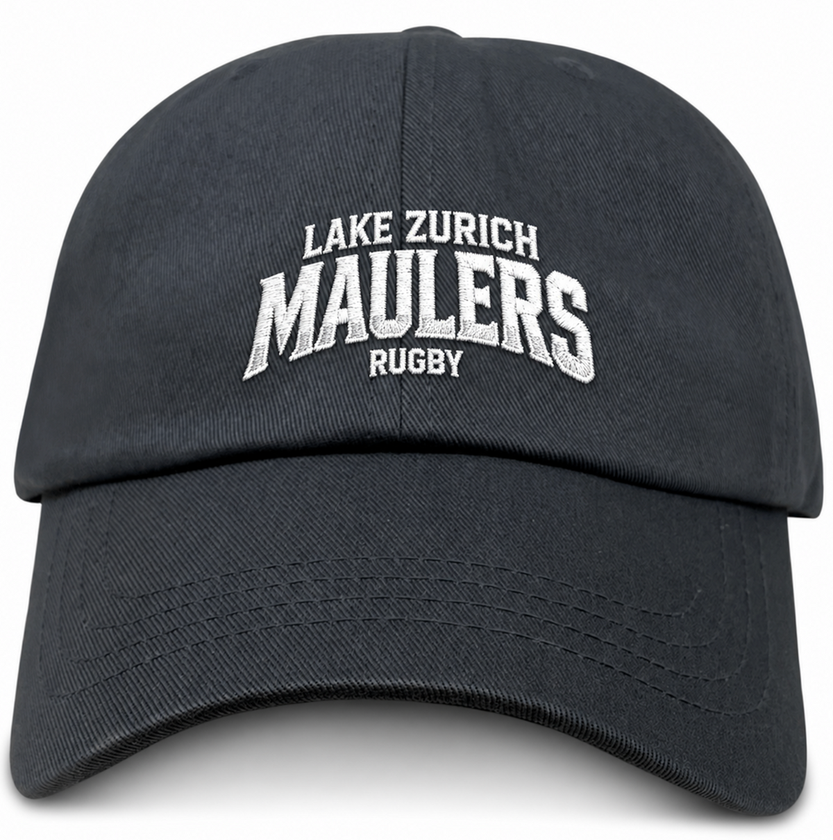 Black cotton twill Lake Zurich Adult Low-Profile Cotton Twill Dad Cap with white embroidered “Lake Zurich Maulers Rugby” text.