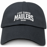 Black cotton twill Lake Zurich Adult Low-Profile Cotton Twill Dad Cap with white embroidered “Lake Zurich Maulers Rugby” text.