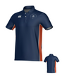 New Saint Andrews College Canterbury Kirra Performance Polo in navy blue with short sleeves, orange side panels, and a small chest crest.