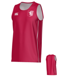 Front and back view of a red Teamatical New Saint Andrews College Ashdown Canterbury Kirra Performance Singlet with white accents and a logo on the chest.