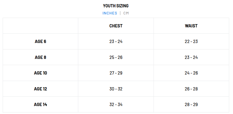 Youth size chart in inches for OMBAC Youth RUGBY U10-U18 TRAINING BUNDLE by Bundle, showing chest and waist measurements for ages 6, 8, 10, 12, and 14.