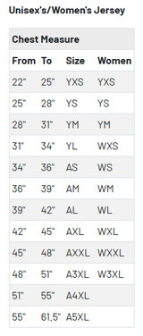 Size chart for the Columbia Business Gilbert LS Training Tee, showing unisex and women’s chest measurements from 22 inches to 61.5 inches alongside corresponding size codes.