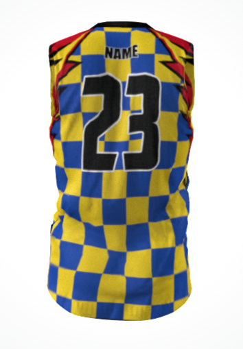Back view of a moisture-wicking Rugby Rats Alumni Singlet with a blue and yellow checkerboard pattern, the number 23 in black, and a placeholder for a name above it.