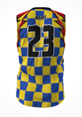 Back view of a moisture-wicking Rugby Rats Alumni Singlet with a blue and yellow checkerboard pattern, the number 23 in black, and a placeholder for a name above it.