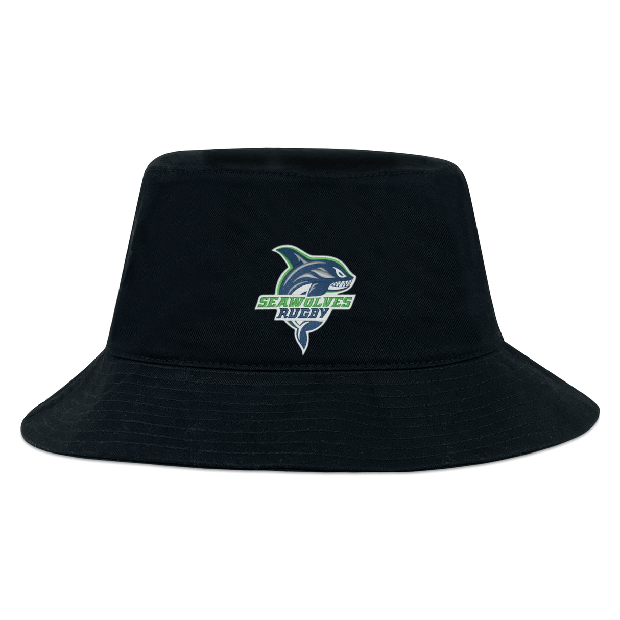 Black cotton twill Seattle Seawolves Crusher Bucket Hat with EMB Alpha Broder rugby team logo.