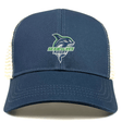 Navy blue Seattle Seawolves Eco Trucker Hat with "Seattle Seawolves rugby" logo embroidered on the front by EMB Alpha Broder.