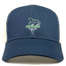 Navy blue Seattle Seawolves Eco Trucker Hat with "Seattle Seawolves rugby" logo embroidered on the front by EMB Alpha Broder.