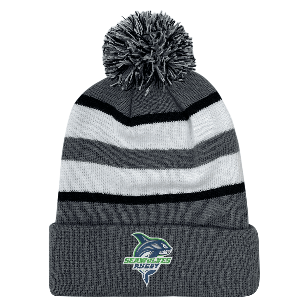 Striped acrylic fabric Seattle Seawolves Rugby Hooped Pom Pom Beanie with pom-pom and EMB Augusta logo.
