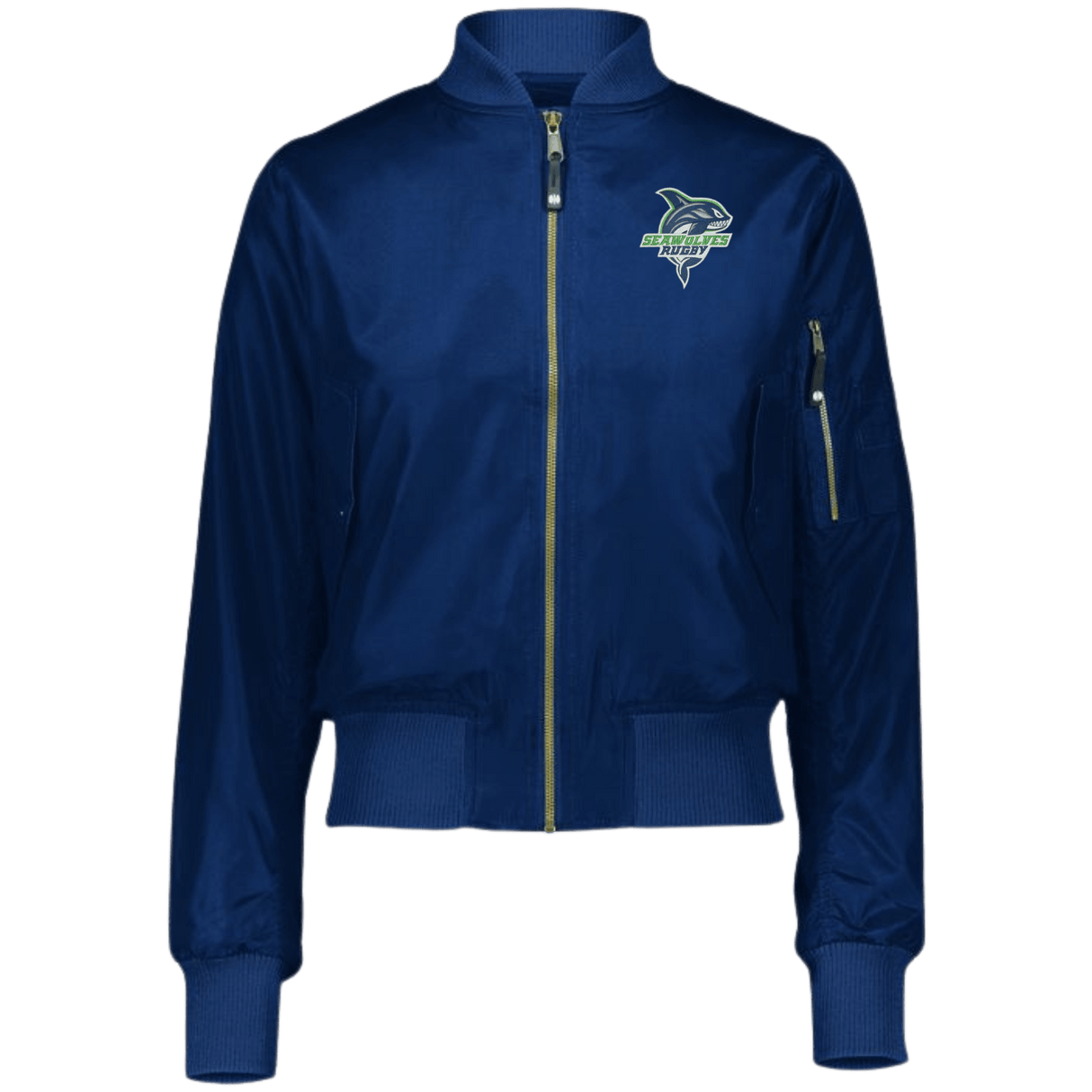 The Women's Seattle Seawolves Flight Bomber Jacket by EMB Augusta is a lightweight blue Micron™ polyester bomber with a zippered front, ribbed cuffs, dolphin logo on the chest, and sleeve pocket—ideal for showcasing your Seawolves spirit.