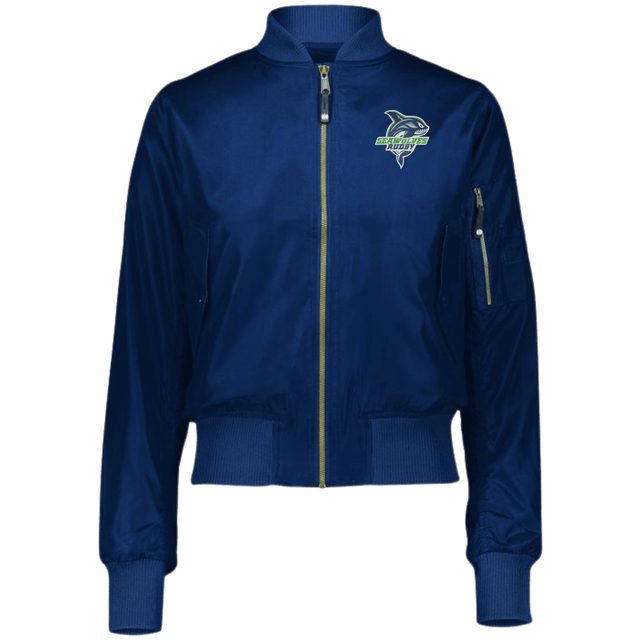 The Women's Seattle Seawolves Flight Bomber Jacket by EMB Augusta is a lightweight blue Micron™ polyester bomber with a zippered front, ribbed cuffs, dolphin logo on the chest, and sleeve pocket—ideal for showcasing your Seawolves spirit.