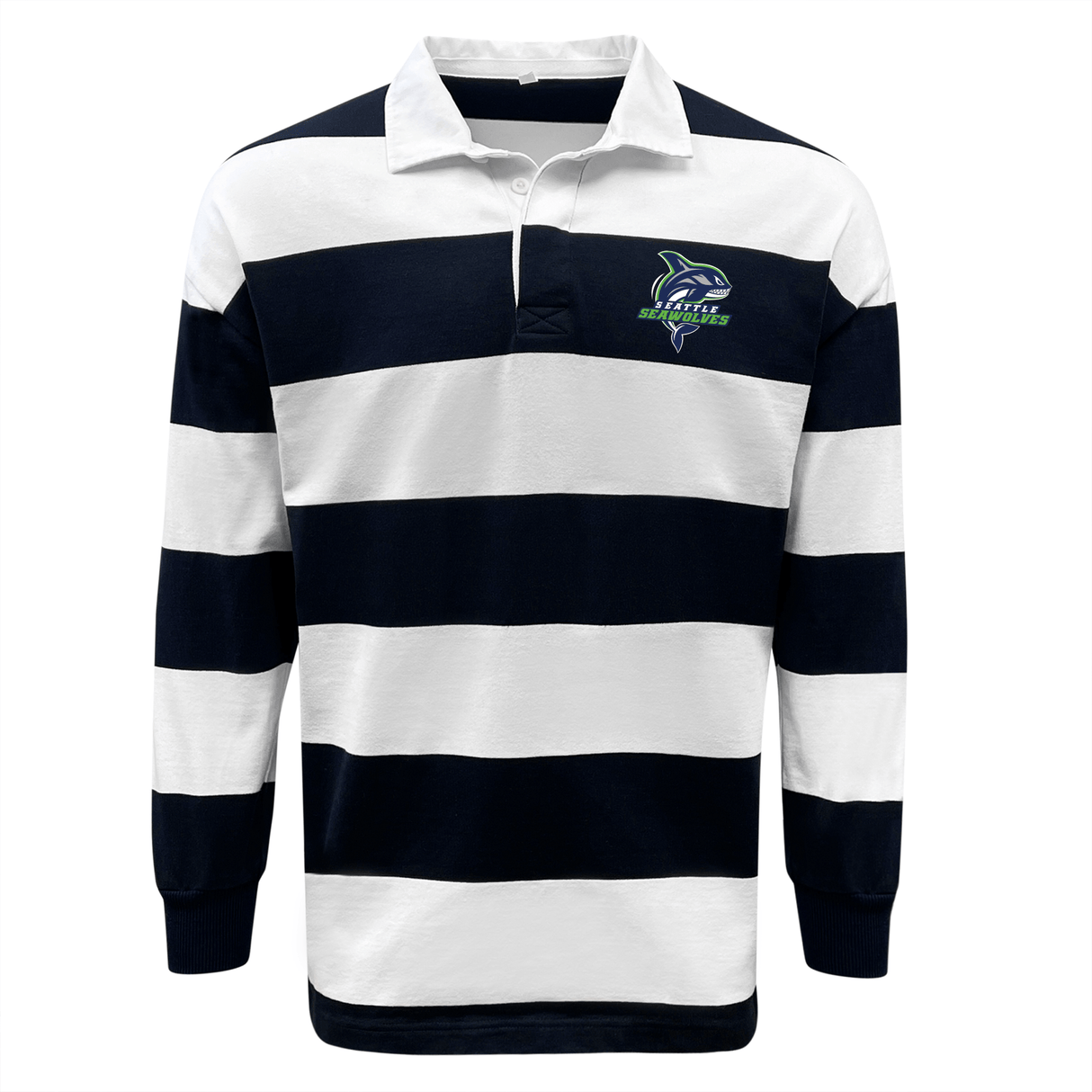 Cotton/Poly blend white and navy striped Seattle Seawolves Hooped Classic Jersey with a team logo on the left chest by EMB Mudoo.