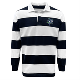 Cotton/Poly blend white and navy striped Seattle Seawolves Hooped Classic Jersey with a team logo on the left chest by EMB Mudoo.