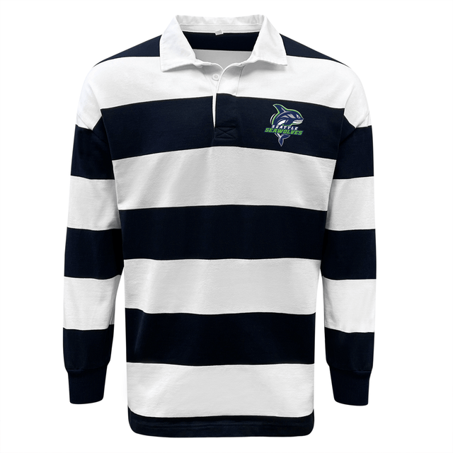 Cotton/Poly blend white and navy striped Seattle Seawolves Hooped Classic Jersey with a team logo on the left chest by EMB Mudoo.