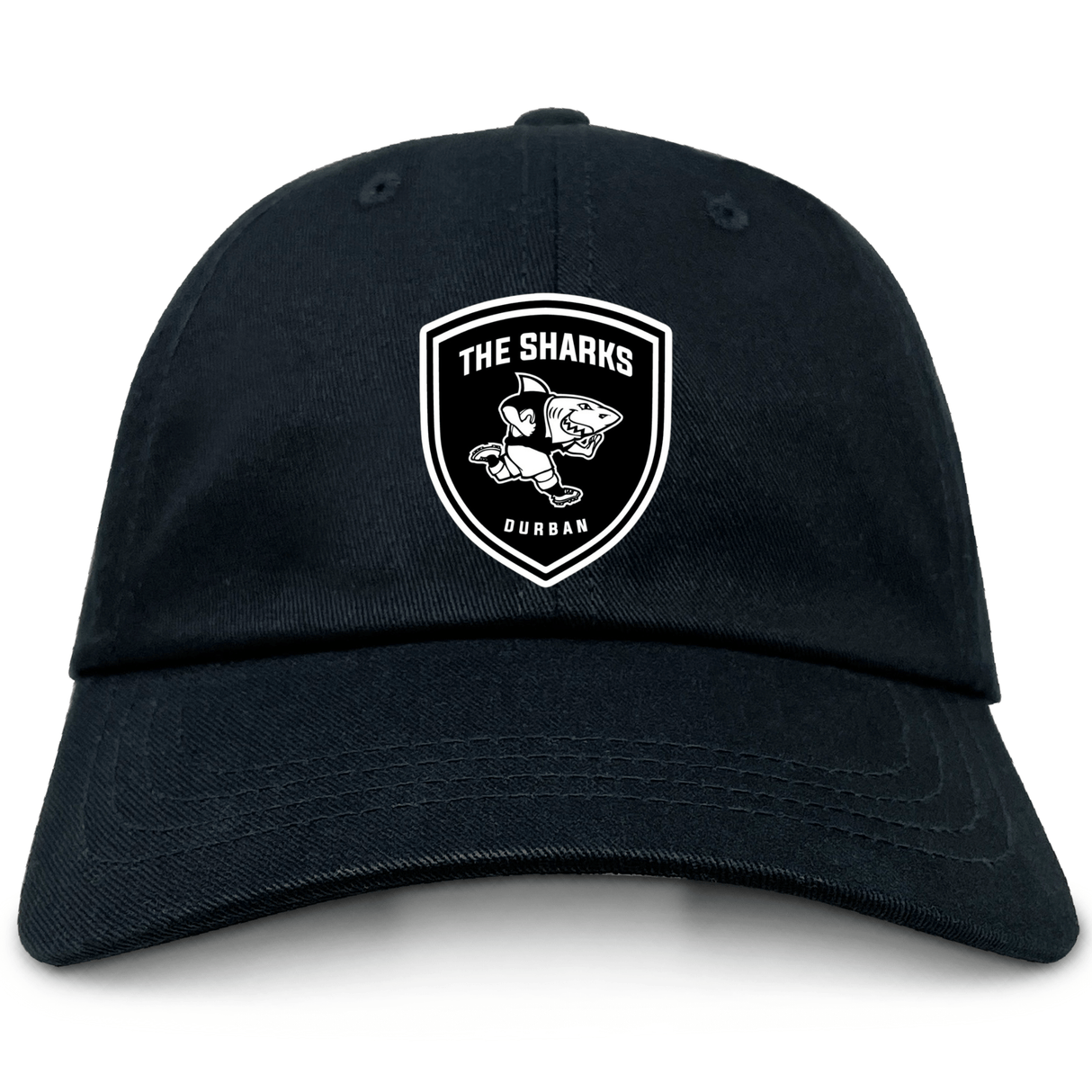 A black The Sharks Crest Cotton Twill Dad Cap with an embroidered EMB Alpha Broder logo on it.