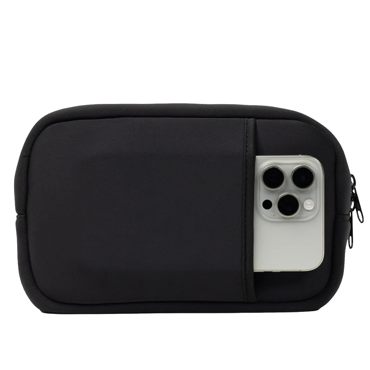 The SLB Original Side Line Bag is a black waterproof neoprene organizer for women, featuring a zippered pouch and external pocket holding a silver smartphone and camera lenses, displayed on a white background.