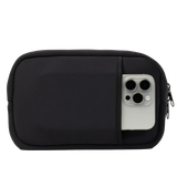 The SLB Original Side Line Bag is a black waterproof neoprene organizer for women, featuring a zippered pouch and external pocket holding a silver smartphone and camera lenses, displayed on a white background.