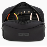 The Original Side Line Bag by SLB is a black waterproof neoprene organizer for female athletes, with a front "sideline" logo patch, open to display organized hair ties, earrings, and a mesh pocket inside.