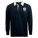 The EMB Mudoo West Potomac RFC Classic Long Sleeve Solid Rugby Jersey features a navy body, white collar, and the official school crest, crafted from a durable cotton-poly blend for comfort and style.