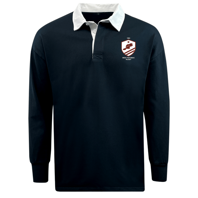 The EMB Mudoo West Potomac RFC Classic Long Sleeve Solid Rugby Jersey features a navy body, white collar, and the official school crest, crafted from a durable cotton-poly blend for comfort and style.